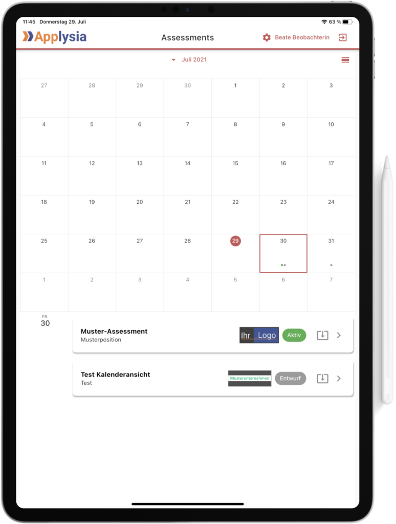 Kalenderansicht der Assessments in der App