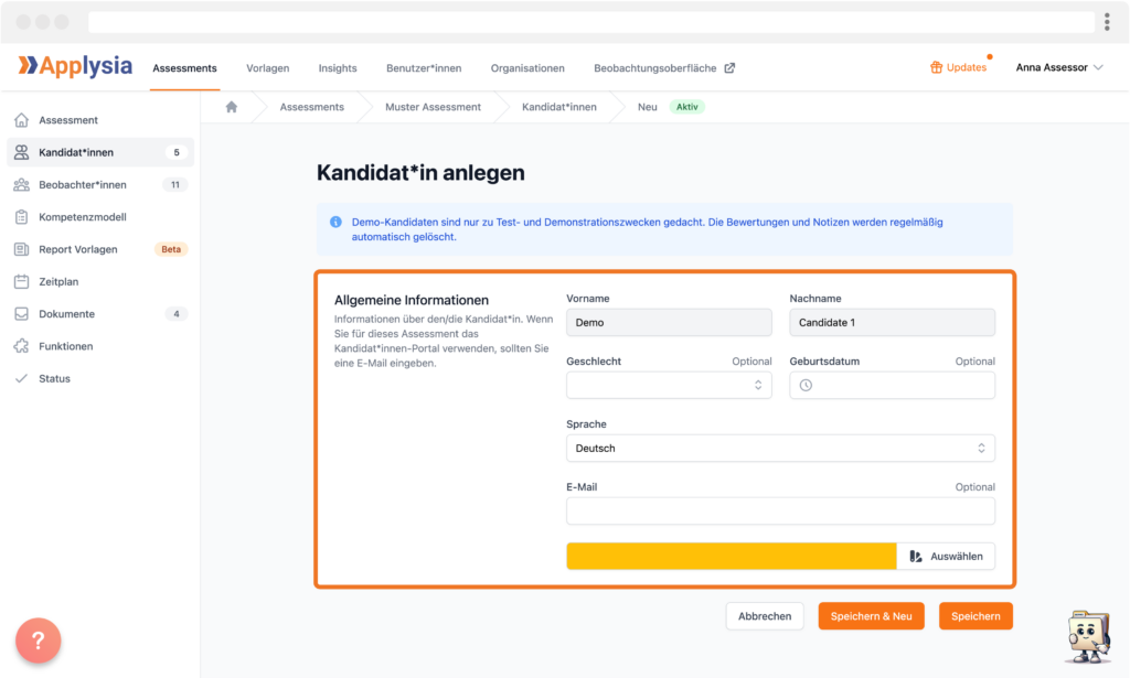 Demo-Kandidat*in anlegen