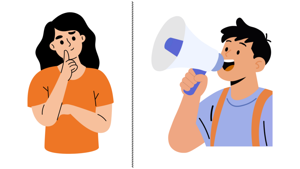 Eine Illustration von zwei Personen, getrennt durch eine gestrichelte Linie. Die linke Person trägt ein orangefarbenes T-Shirt und hat eine nachdenkliche Haltung, während sie ihre rechte Hand ans Kinn legt. Die rechte Person trägt ein blaues T-Shirt mit Trägern und hält ein Megafon, durch das sie spricht.