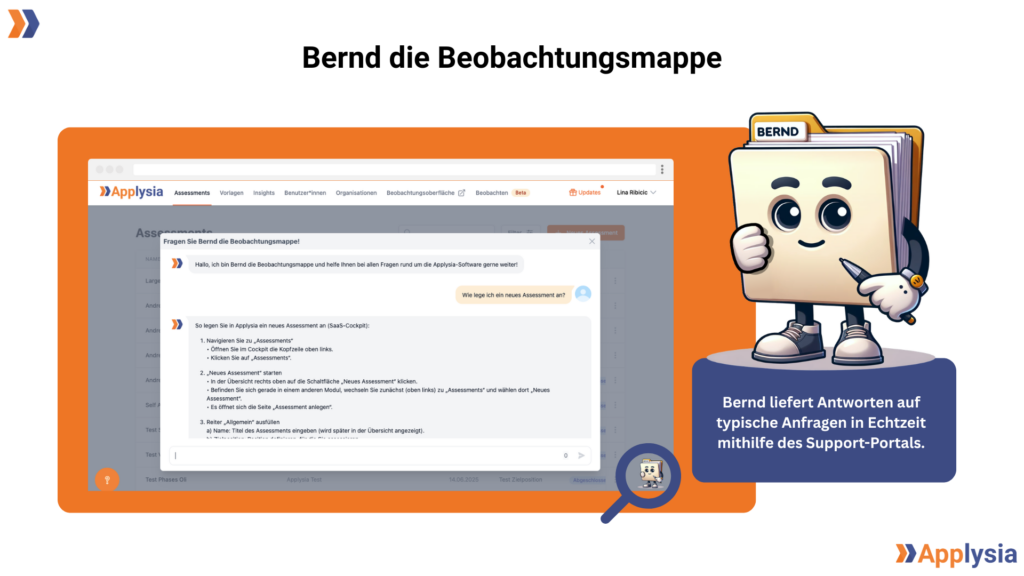 Das Bild zeigt eine Illustration des Applysia-Support-Charakters "Bernd die Beobachtungsmappe", der Anfragen beantworten kann. Auf einem Bildschirm ist eine Erklärung zu sehen, wie man ein neues Assessment in der Applysia-Software anlegt. Rechts steht Bernd mit einem Hinweistext: "Bernd liefert Antworten auf typische Anfragen in Echtzeit mithilfe des Support-Portals."