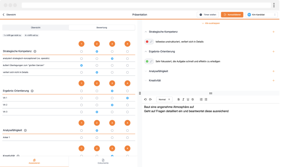 Eine Benutzeroberfläche einer Software zur Mitarbeiterbewertung. Links sind verschiedene Kompetenzen wie Strategische Kompetenz, Ergebnis-Orientierung, Analysefähigkeit und Kreativität aufgelistet, die anhand einer Skala von 1 (trifft gar nicht zu) bis 4 (trifft voll zu) bewertet werden können. Rechts sind detaillierte Kommentare und Bewertungen zu diesen Kompetenzen angezeigt. Unten ist ein Textfeld mit Kommentaren zur Leistung des Mitarbeiters. Oben sind Schaltflächen für Timer, Konsolidierung und Benutzerprofil sichtbar.