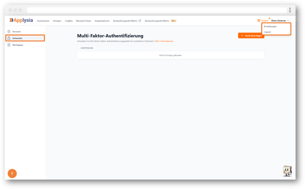 Ein Bildschirmfoto der Applysia-Anwendung zeigt die Einstellungsseite zur Multi-Faktor-Authentifizierung. Links sind Menüpunkte wie "Account", "Sicherheit" und "Workspace" sichtbar. In der Mitte gibt es einen Bereich für die Verwaltung von Authentifizierungsgeräten. Oben rechts befindet sich die Schaltfläche "Gerät hinzufügen".