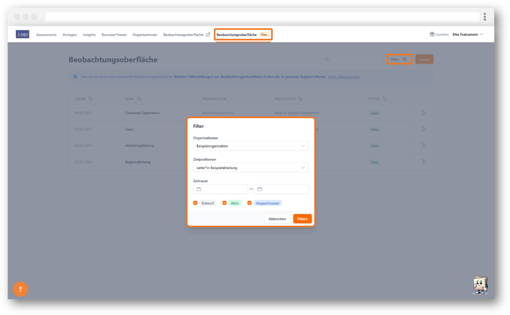 Die Grafik zeigt aufgelistete Assessments in der Beobachtungsoberfläche der Applysia-Webanwendung mit einem geöffneten Filtermenü. Das Menü ermöglicht Filtereinstellungen für Organisationen, Zielpositionen und Zeiträume. Rechts sind die Schaltflächen „Filtern“ und „Heute“ sichtbar.