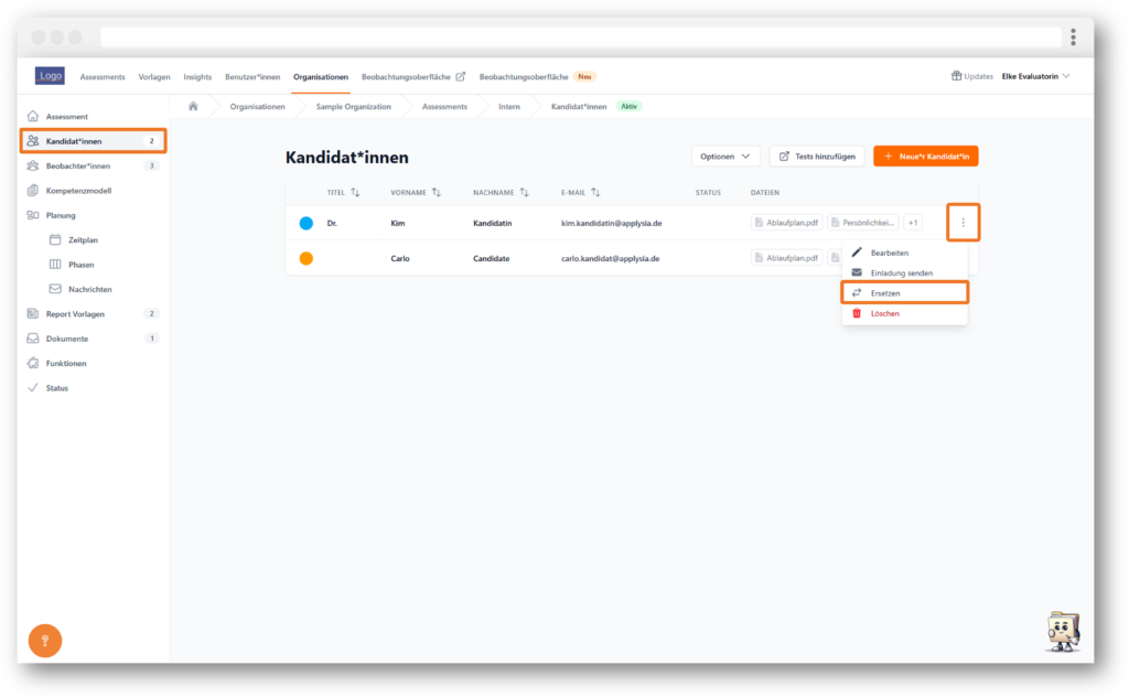 Screenshot der Organisationssoftware Applyisa, die eine Liste der Kandidat:innen zeigt, mit Optionen zum Bearbeiten, Senden von Einladungen, Ersetzen und Löschen eines Kandidaten. Links befindet sich das Hauptmenü.