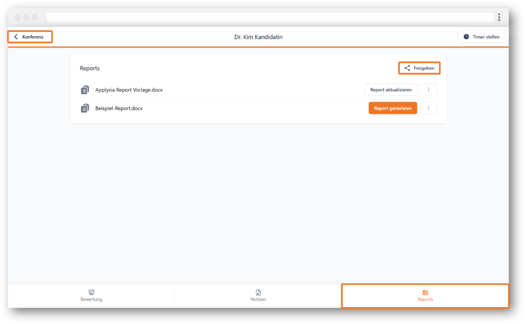 Screenshot der Software Applysia zeigt einen Bereich für Reports mit Dokumenten zum Aktualisieren oder Generieren von Berichten. Oben befindet sich ein Button für die Freigabe. Unten ist der "Reports"-Abschnitt hervorgehoben.